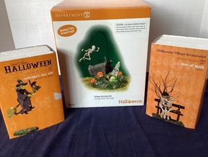 lot 183 image: Dept. 56 Halloween Trio Escape From the Crypt, Midnights Last Ride and Kiss of Death
