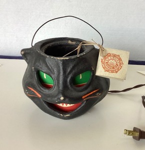 lot 198 image: Seasons Gone By  Lighted Paper Mache Black Cat Candy Bucket