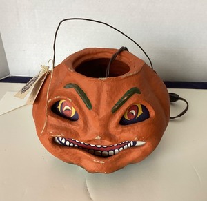 lot 201 image: Seasons Gone By Lighted Paper Mache Jack-o-Lantern Candy Bucket  #2