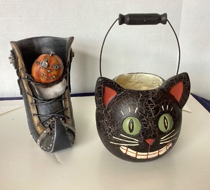 lot 204 image: Painted Black Cat Candy Pail and Witchs Boot Votive Holder