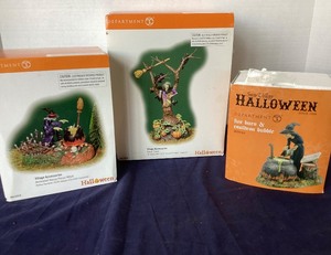 lot 207 image: Dept. 56 Halloween Threesome Witch Crash, Animated Hocus Pocus Witch and Fire Burn & Cauldron Bubble