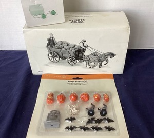 lot 212 image: Dept. 56 Halloween Harvest Pumpkin Wagon, Halloween Yard Accessories and Jack-o-Lanterns