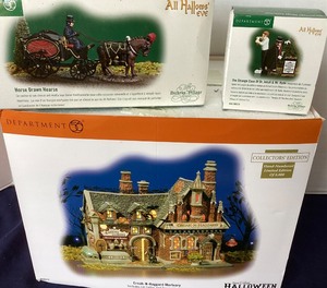 lot 217 image: Dept. 56 Halloween Croak-N-Haggard Mortuary, Horse Drawn Hearse and The Strange Case of Dr. Jekyll and Mr. Hyde