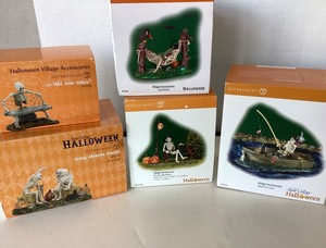 lot 259 image: Dept. 56 Halloween Scary Skeleton Stories, Skeleton Crew, Is This Seat Taken, Resting My Bones and Lazy Bones