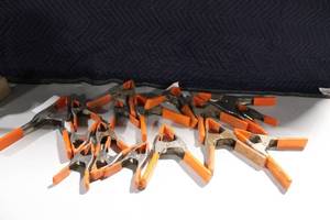lot 6 image: Set of 13 Assorted Metal Spring Clamps with Orange Handles