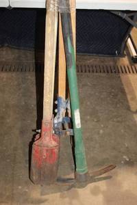 lot 62 image: Set of 3 Manual Post Hole Diggers and Pickaxe