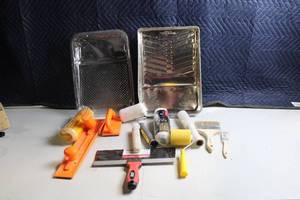 lot 77 image: Painting Tools and Supplies Lot with Trays, Rollers, Brushes, and Taping Knife