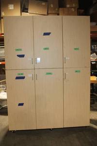 lot 99 image: Large 6-Door Wood Storage Cabinet on Wheels with Shelves