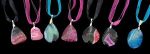 lot 5R image: Set of 7 Agate Pendant Necklaces with Sterling Clasps and Ribbon Chains