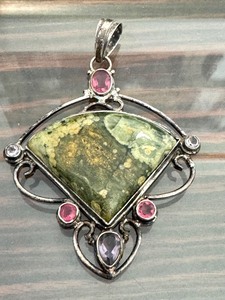 lot 8J image: Sterling Silver Pendant with Rainforest Rhyolite and Gemstones