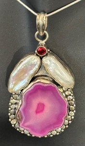 lot 12R image: Sterling Silver Necklace with Pink Agate, Pearl Inlay, and Red Gem Pendant
