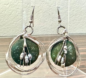 lot 41J image: Artisan Silver-Tone Earrings with Green Discs and Pearl Accents