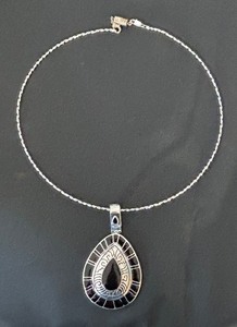 lot 41R image: Silver Tone Choker Necklace with Black Teardrop Pendant by Best