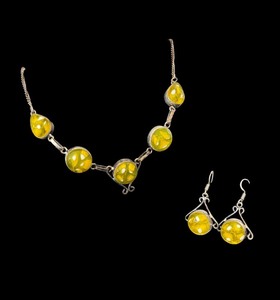 lot 57R image: Sterling Silver Necklace and Earrings Set with Yellow Glass Cabochons