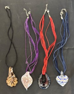 lot 70R image: Set of 4 Art Glass Pendant Necklaces with Ribbon Chains