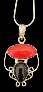 lot 79R image: Sterling Silver Necklace with Red Coral and Onyx Pendant