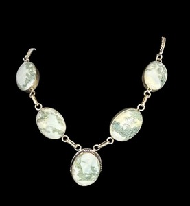lot 92R image: Sterling Silver Necklace with 5 Oval Moss Agate Stones