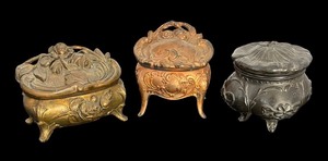 lot 110R image: Set of 3 Vintage Metal Casket Jewelry Boxes with Floral Designs