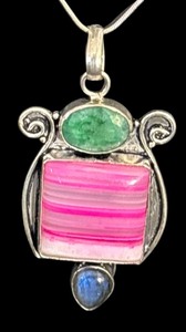 lot 114R image: Sterling Silver Necklace with Green, Pink, and Blue Gemstone Pendant