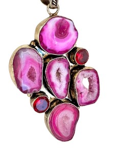 lot 6J image: Sterling Silver Pendant with Dyed Pink Agate and Druzy