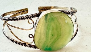 lot 43J image: Vintage Silver-Tone Cuff Bracelet with Green Stone Accent