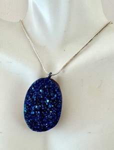 lot 44J image: Blue Druzy Gemstone Pendant Necklace with 16 Chain