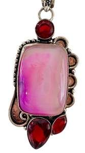 lot 47J image: Sterling Silver Pendant with Dyed Pink Agate and Red Stones on 18 Inch Chain