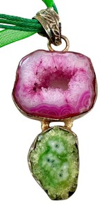 lot 51J image: Pendant with Pink and Green Raw Geode Stones on Green Ribbon Necklace