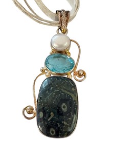 lot 54J image: Sterling Silver Jasper Pendant with Pearl and Topaz Accents