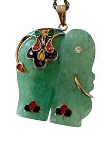 lot 58J image: Green Elephant Pendant with Colorful Inlay and Chain, 1.5 Inch