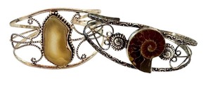 lot 60J image: Set of 2 Vintage Silver Cuff Bracelets with Agate and Fossil Accents
