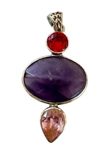 lot 62J image: Sterling Silver Pendant with Amethyst, Pink, and Red Stones, 1.5 Inch