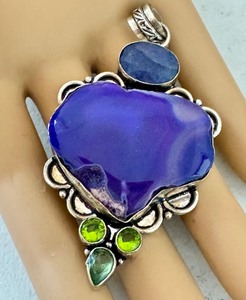 lot 66J image: Sterling Silver Pendant with Purple Dyed Agate, Peridot, and Lipid Accents, 2.75 Inch