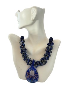 lot 72J image: Adjustable Lapis Beaded Necklace with Art Glass Pendant, 20-22 Inches