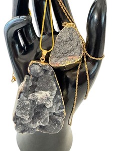 lot 75J image: Set of 2 Black Druzy Stone Pendants with Gold Plated Chains