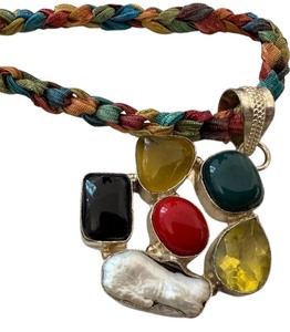 lot 76J image: Multi Gemstone Pendant Necklace on Braided Colorful Strand