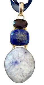 lot 77J image: Multi-Stone Artisan Pendant with Lapis Lazuli, Amethyst, and Quartz on Ribbon Necklace