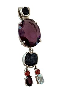 lot 80J image: Sterling Style Amethyst and Stone Pendant, 2 Inch