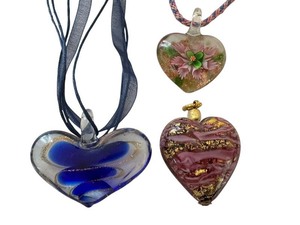 lot 83J image: Set of 3 Art Glass Heart Pendants on Ribbon Chains