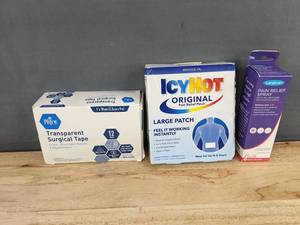 lot 292 image: Health Care Bundle Surgical Tape, Icy Hot Patch, Lansinoh Spray - Brand New