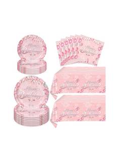 lot 326 image: 62-Piece Pink Happy Birthday Party Supplies Set - Plates, Napkins, Tablecloths - Brand New