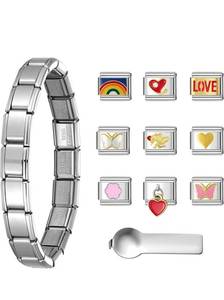 lot 53 image: SweetV Stainless Steel Italian Charm Bracelet with Charms and Tool - Brand New