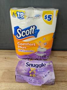 lot 110 image: 18 Rolls Scott Comfort Plus Toilet Paper & 70 Snuggle Lavender Dryer Sheets - Brand New