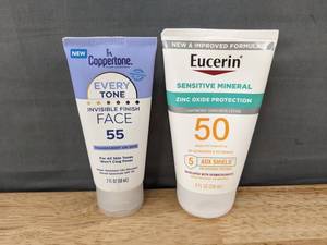 lot 120 image: Coppertone Face Sunscreen SPF 55 (2oz) and Eucerin Sensitive Sunscreen SPF 50 (4oz) - Brand New