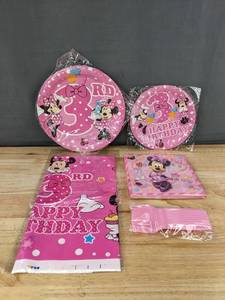 lot 166 image: Minnie Mouse 3rd Birthday Party Supplies Plates, Forks, Etc. - Brand New