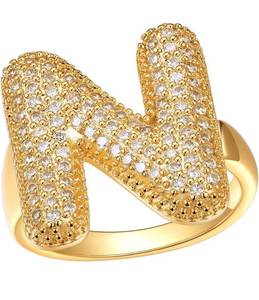 lot 180 image: 14K Gold Plated Initial N Statement Ring with CZ Stones, Adjustable - Brand New