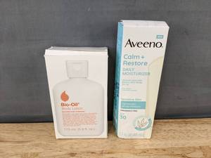 lot 86F image: Aveeno Calm Restore Moisturizer SPF 30 and Bio-Oil Body Lotion