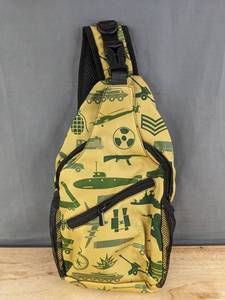lot 82F image: Niu Kom Crossbody Backpack, Yellow with Military Pattern -Brand New