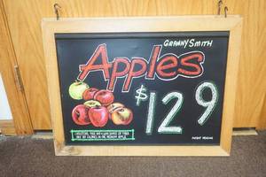 lot 97 image: Double Sided Hanging Chalkboard (Granny Smith Sign is Removable)