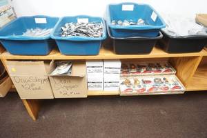 lot 207 image: Flatware, Poly Bins, Drain Stoppers, Chili Peppers and Wagons Hanging Decor